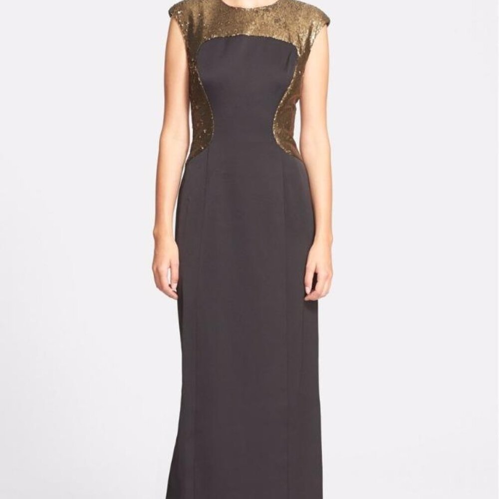 Ted Baker London Black Gown W/ Gold Sequin Embellished Bodice Sz 0